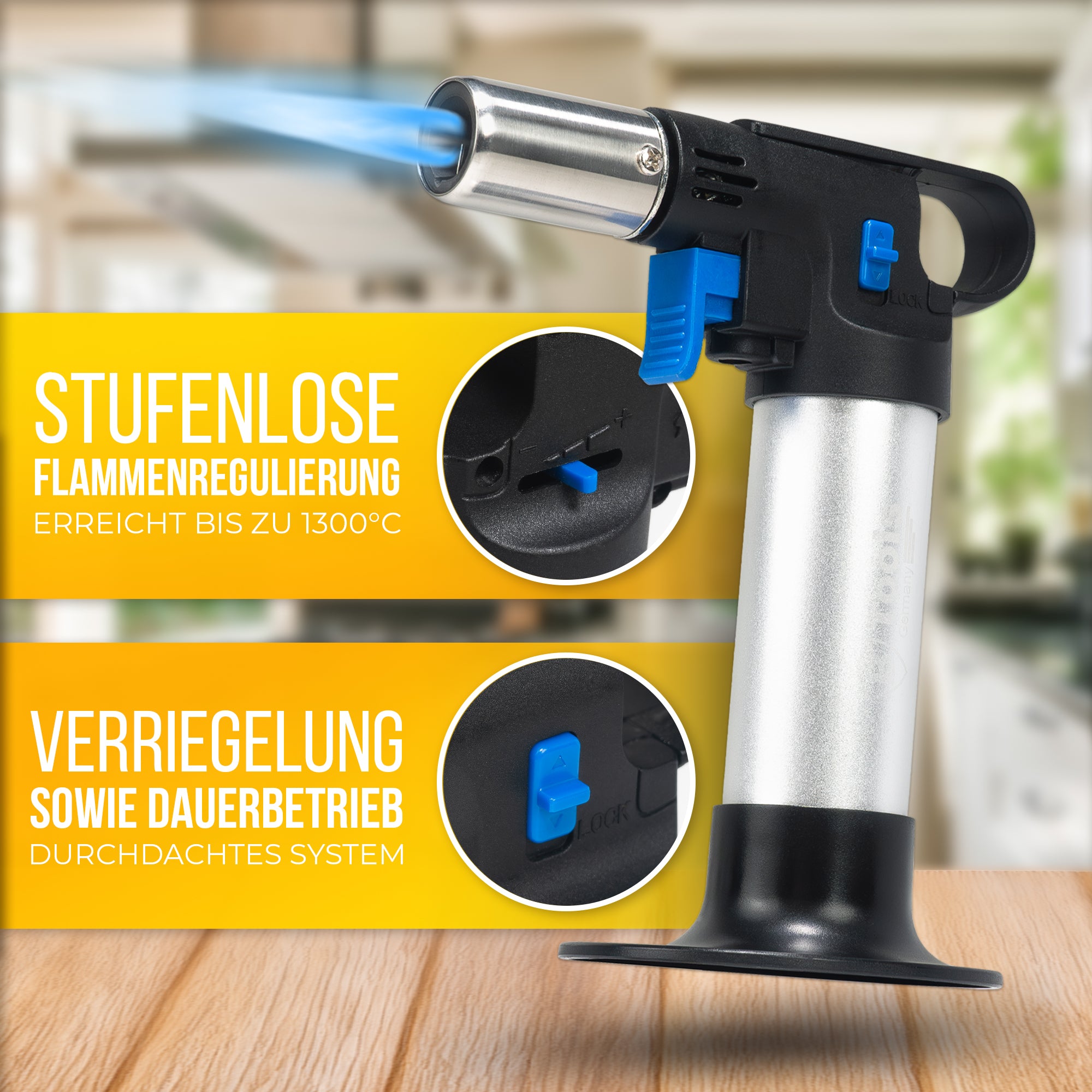 Hoogwaardige flambébrander inclusief aanmaakgas – Krachtig, veilig en handig voor nauwkeurig flamberen en karameliseren.