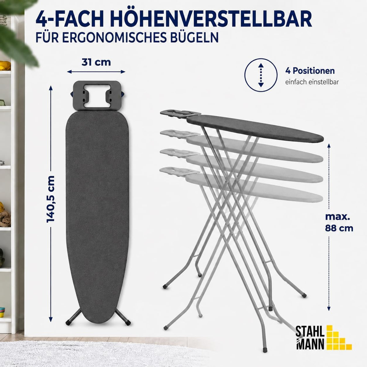 STAHLMANN® Bügelbrett schwarz 110 × 32 cm – 4-fach höhenverstellbar & klappbar