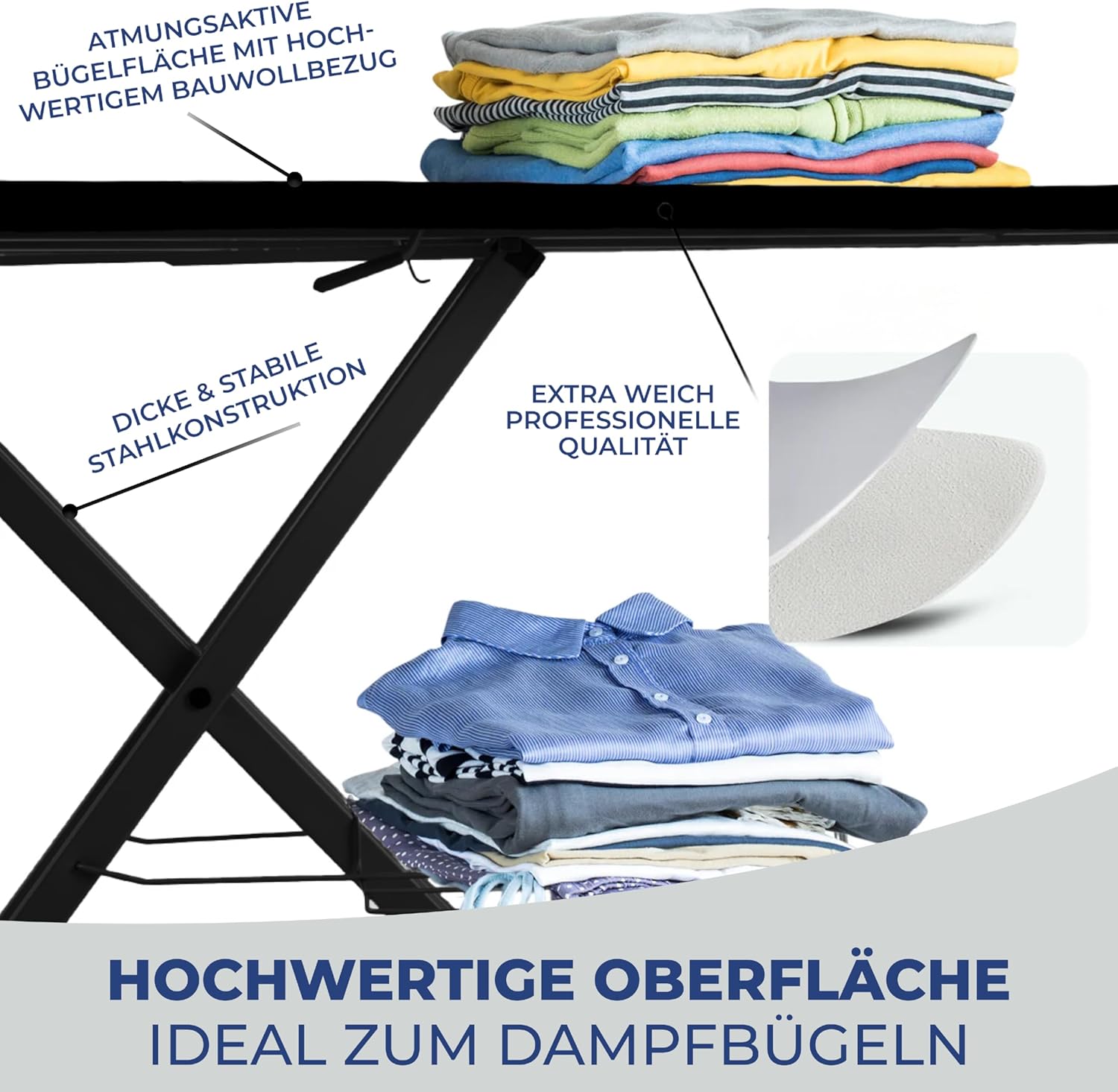 STAHLMANN® XL Bügelbrett 120x42 cm – Höhenverstellbar & stabil – Baumwollbezug – Für Dampfbügelstation – Made in EU