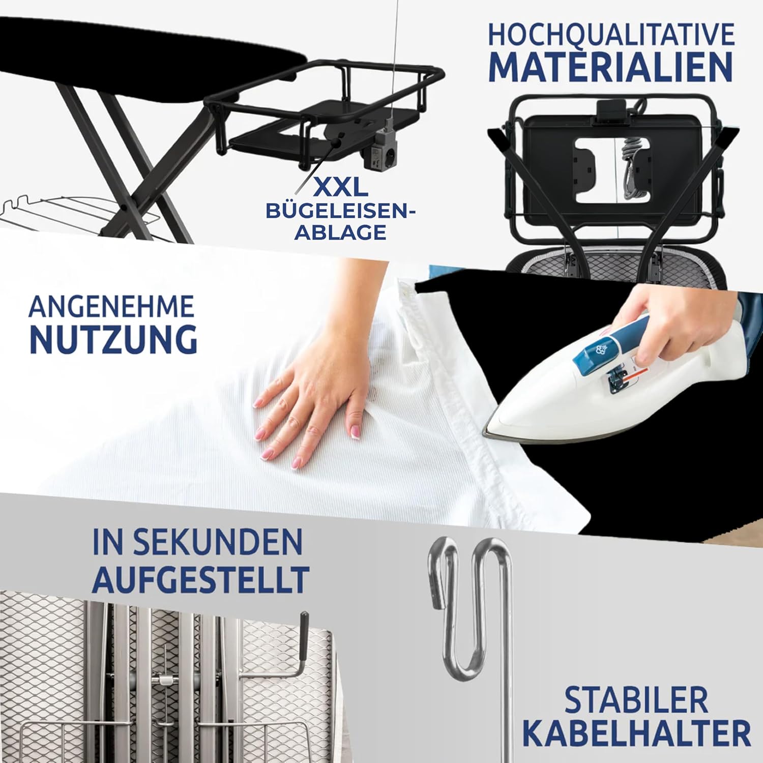 STAHLMANN® XL Bügelbrett 120x42 cm – Höhenverstellbar & stabil – Baumwollbezug – Für Dampfbügelstation – Made in EU
