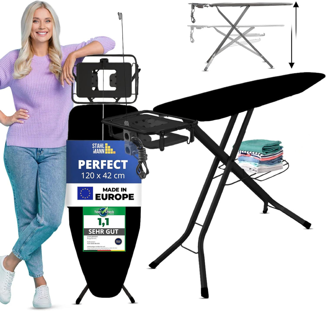 STAHLMANN® XL Bügelbrett 120x42 cm – Höhenverstellbar & stabil – Baumwollbezug – Für Dampfbügelstation – Made in EU