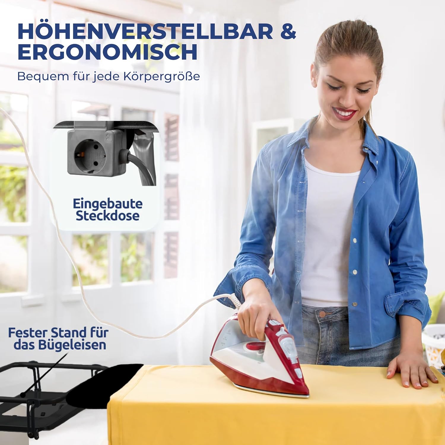 STAHLMANN® XXL Bügelbrett 130x48 cm – Für Dampfbügelstation – inkl. Ärmelbrett – 100 % Baumwollbezug – extra stabil – Made in EU