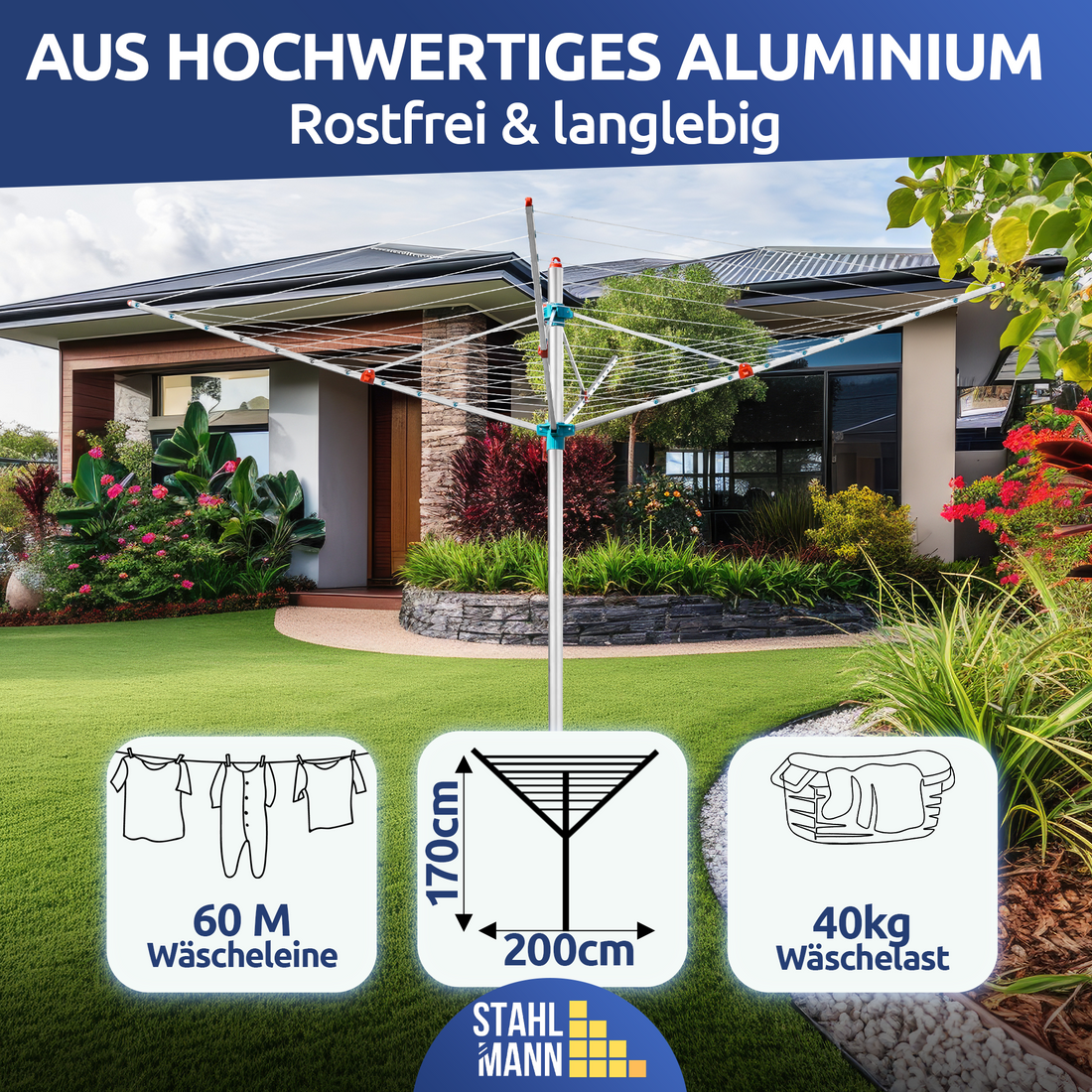 Gemaakt in Duitsland. Draaibare waslijn met een lengte van 60 meter.