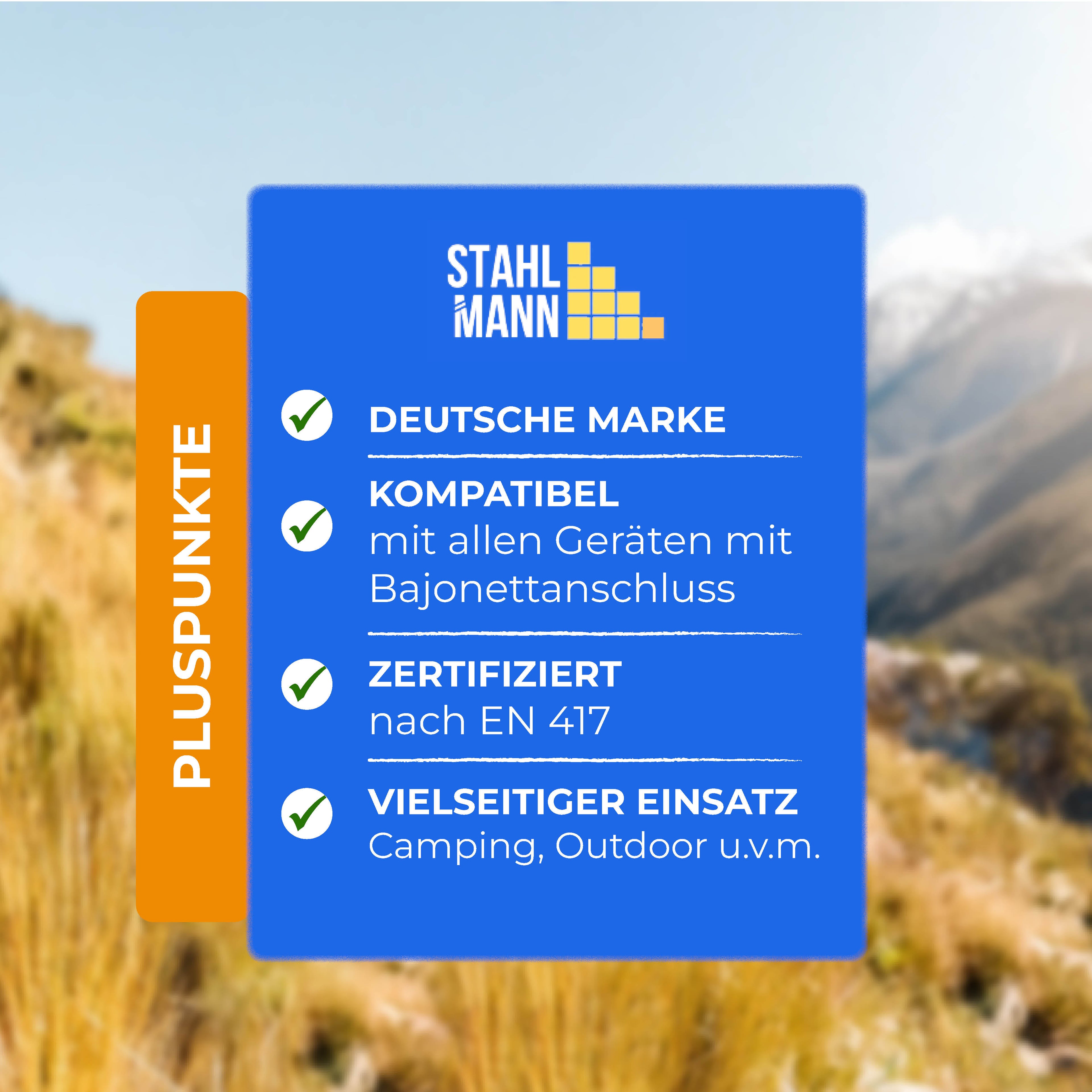 STAHLMANN® butaangaspatronen 227 g – Gevuld in de EU – voor kamperen, keuken en buitengebruik – 100% lekvrij en krachtig – met veiligheidsventiel