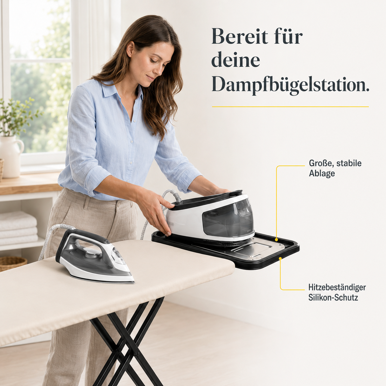 STAHLMANN Granada Bügelbrett 120 × 38 cm – höhenverstellbar, mit Turbobezug und Ablage für Dampfbügelstationen – Made in EU