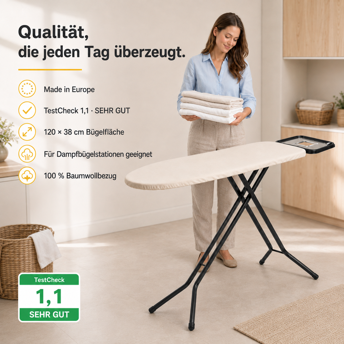 STAHLMANN Granada Bügelbrett 120 × 38 cm – höhenverstellbar, mit Turbobezug und Ablage für Dampfbügelstationen – Made in EU