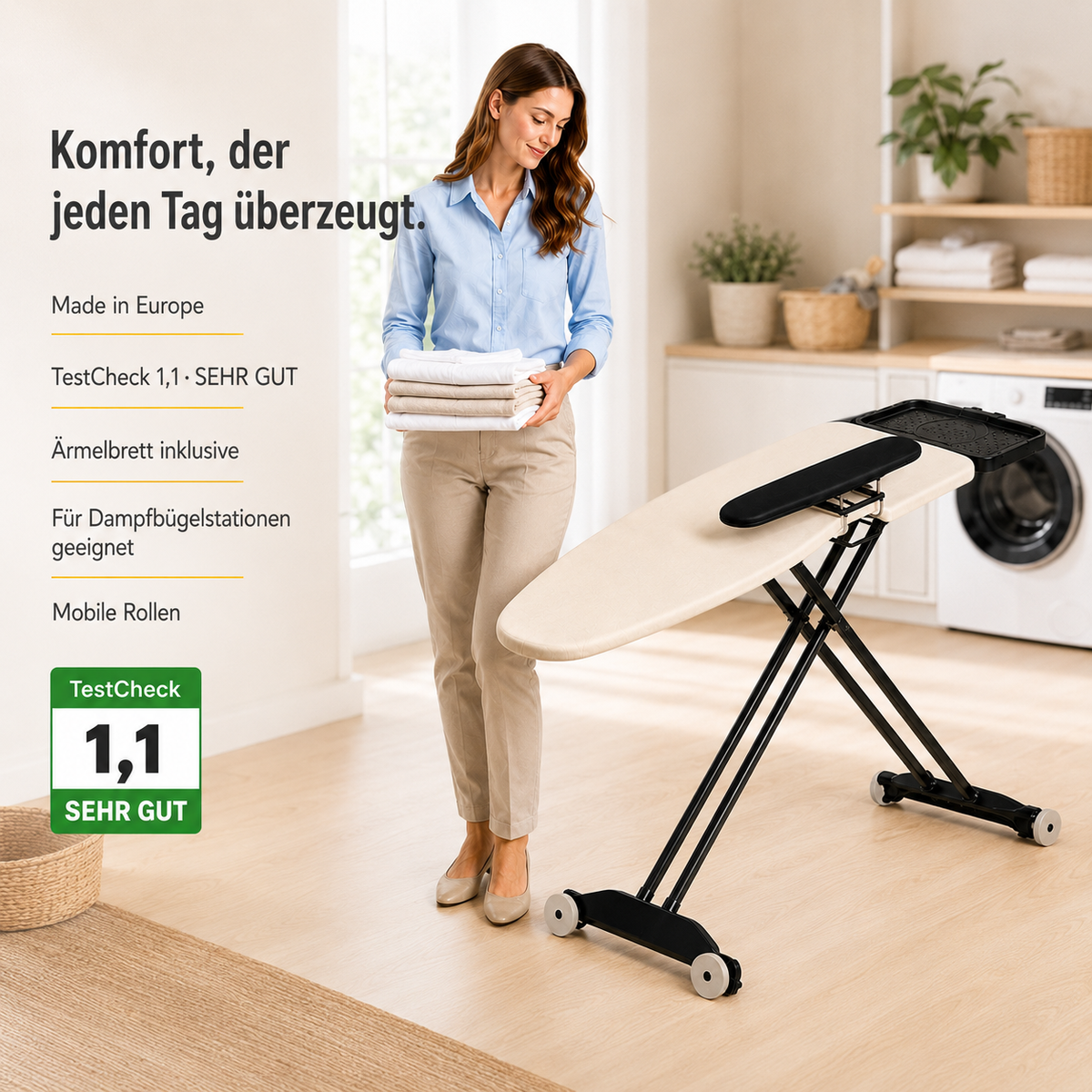 STAHLMANN® Excellence Lux Bügelbrett 132 × 46 cm – mit Ärmelbrett, Rollen & XXL-Ablage für Dampfbügelstationen