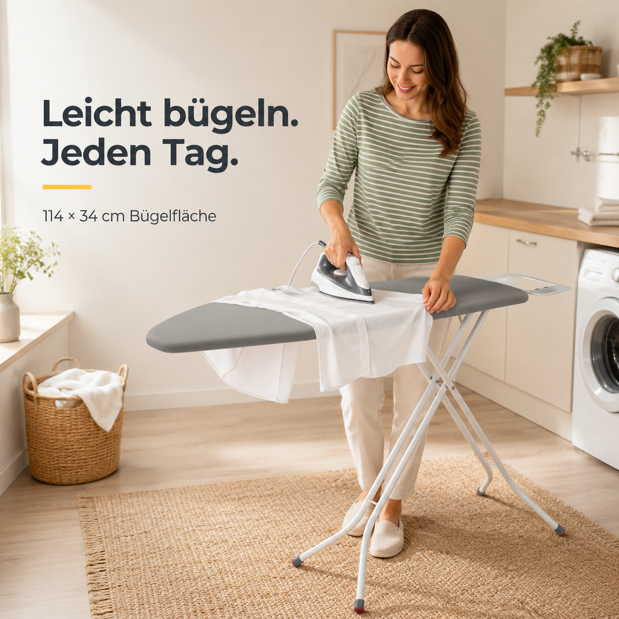 STAHLMANN® Light Bügelbrett 114 × 34 cm – höhenverstellbar & klappbar | mit Ablage für klassische Bügeleisen und rutschfesten Standfüßen