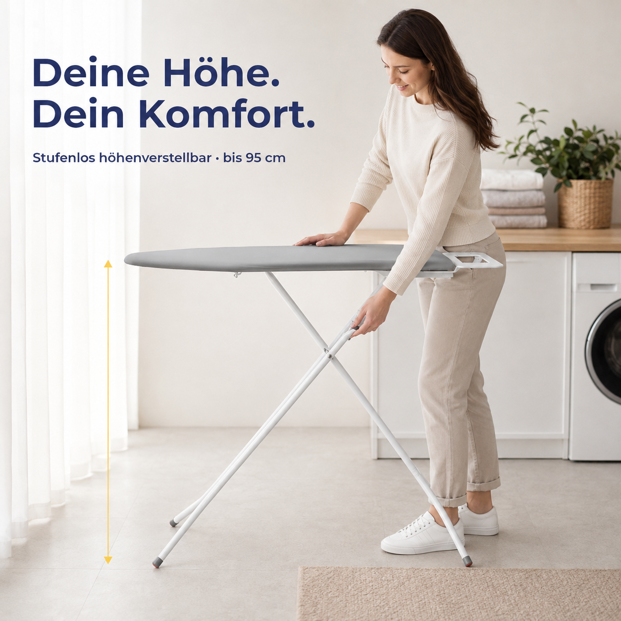 STAHLMANN® Light Bügelbrett 114 × 34 cm – höhenverstellbar & klappbar | mit Ablage für klassische Bügeleisen und rutschfesten Standfüßen