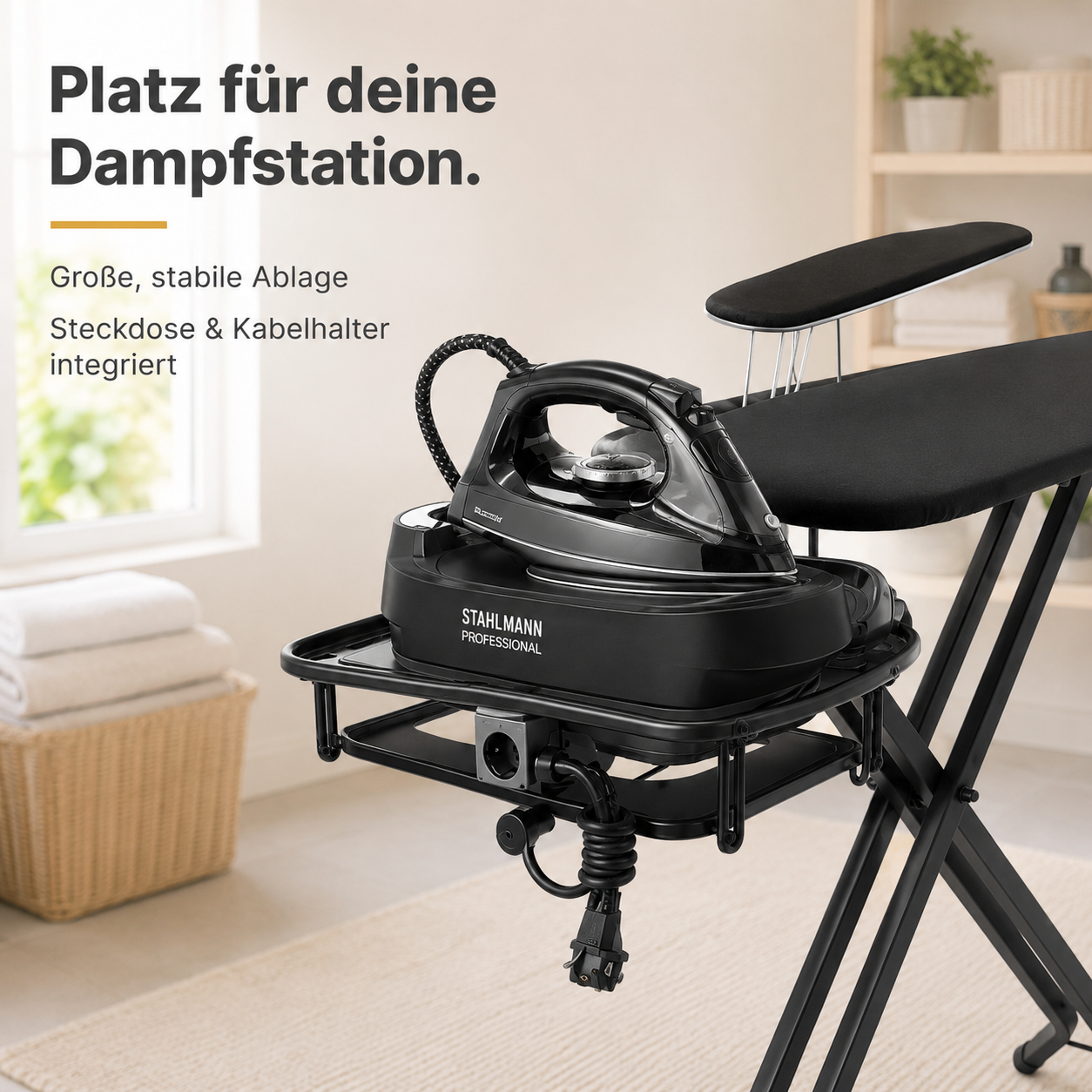 STAHLMANN® XXL Bügelbrett 130x48 cm – Für Dampfbügelstation – inkl. Ärmelbrett – 100 % Baumwollbezug – extra stabil – Made in EU