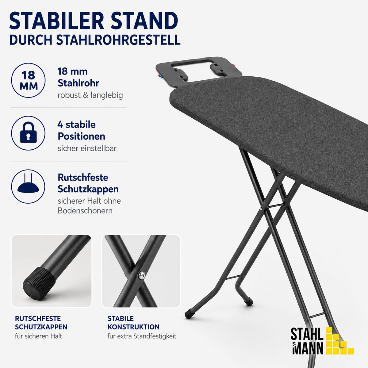 STAHLMANN® Bügelbrett schwarz 110 × 32 cm – 4-fach höhenverstellbar & klappbar