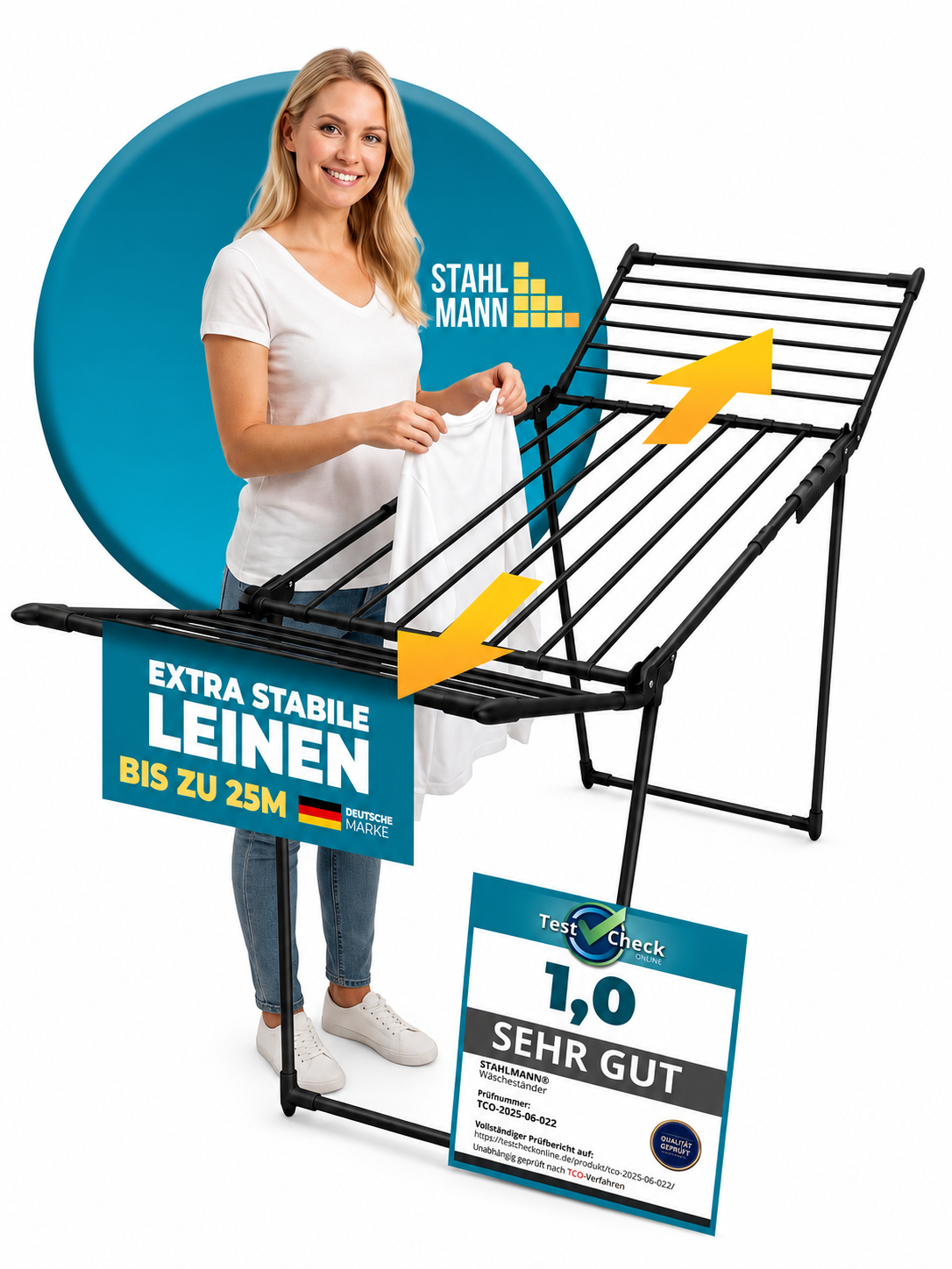 STAHLMANN® Wäscheständer ausziehbar mit Flügeln – 25 m Trockenfläche, klappbar, schwarz