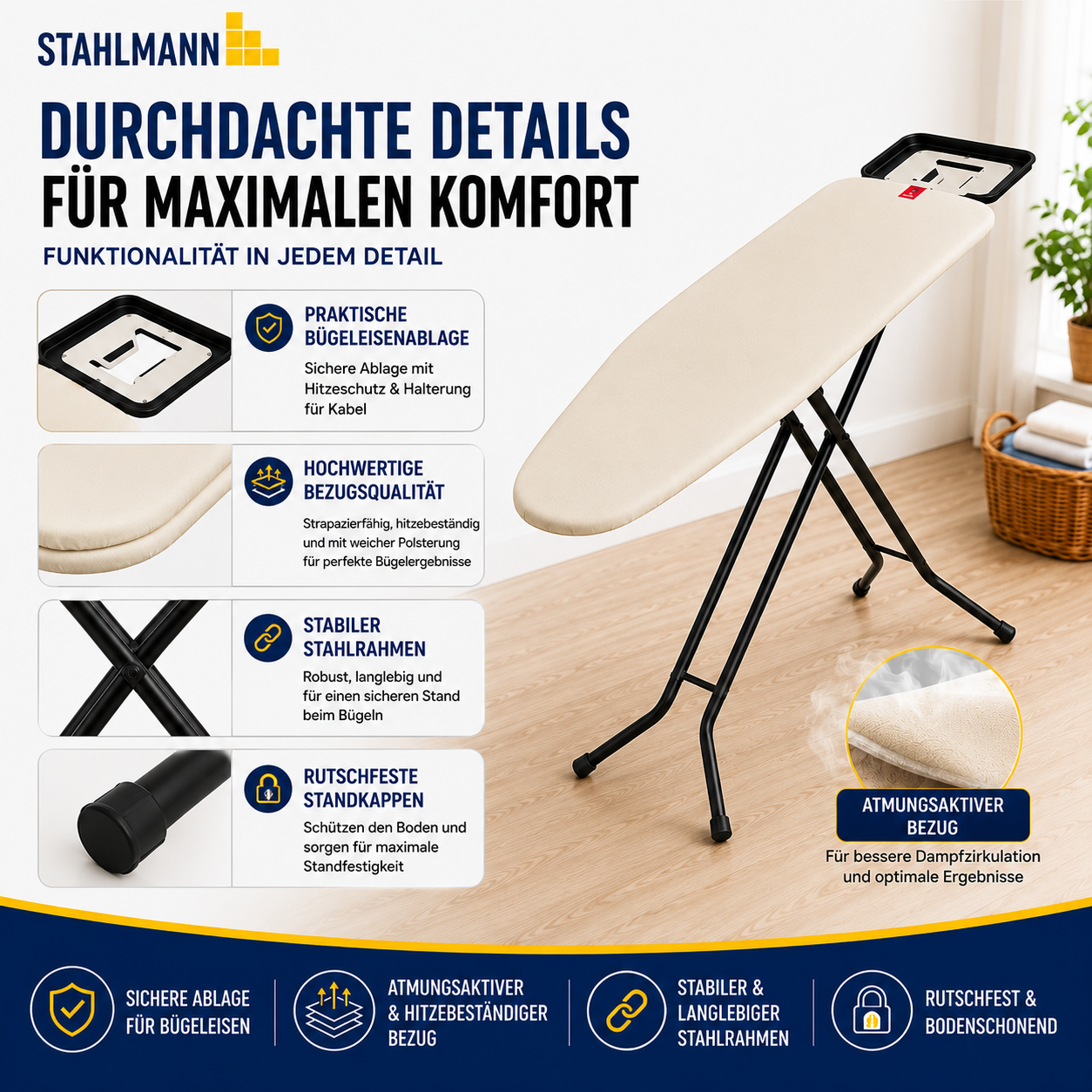 Stahlmann Bügelbrett Granada 120 × 38 cm – höhenverstellbar | Turbobezug | für Dampfbügelstation