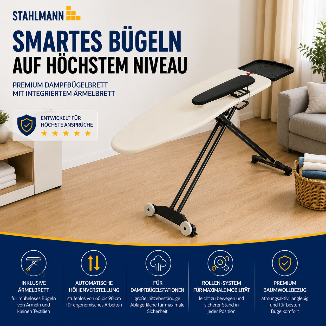 Stahlmann Bügelbrett 132 × 46 cm – mit Ärmelbrett | Made in EU | für Dampfbügelstation