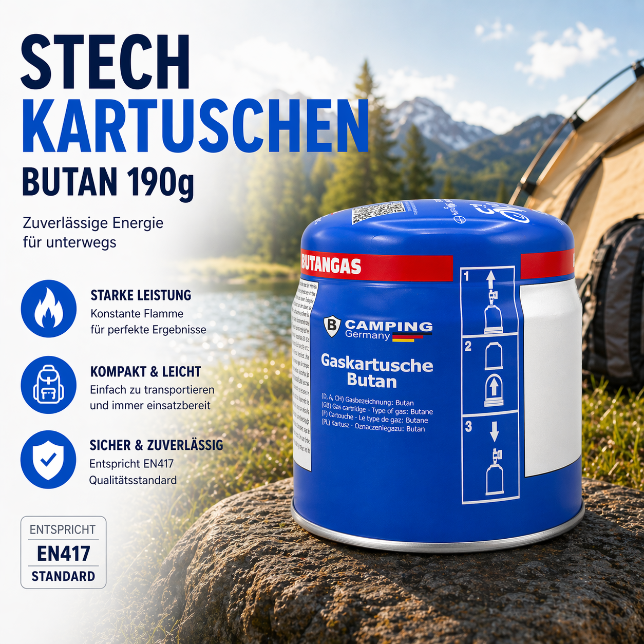 Stechgaskartusche 190 g – Butangas, EN 417 zertifiziert