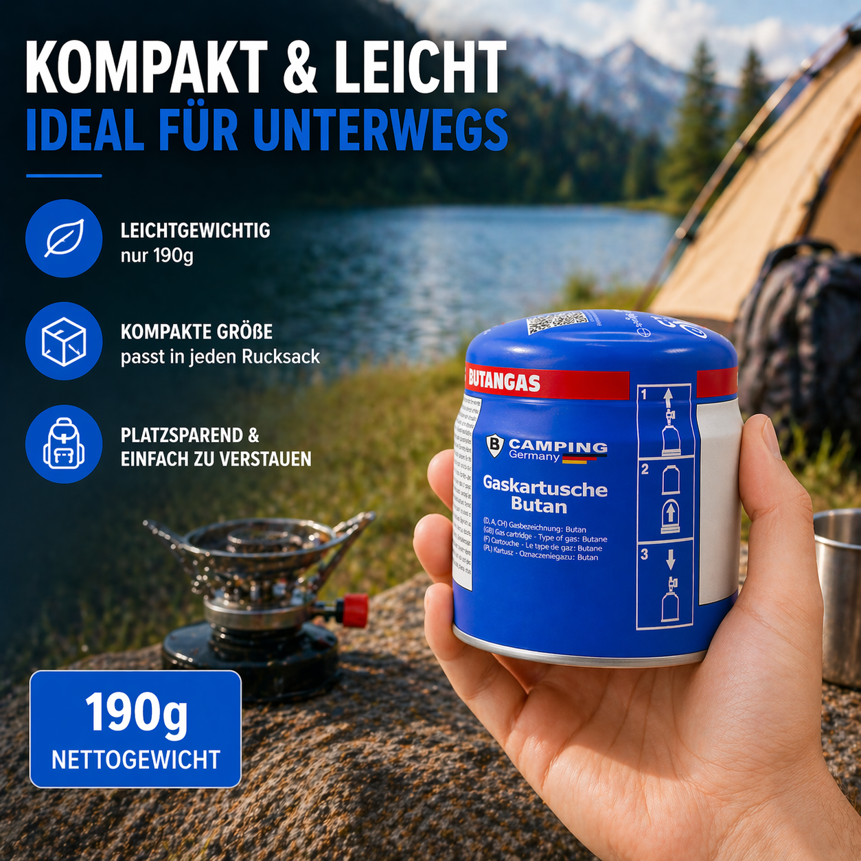 Stechgaskartusche 190 g – Butangas, EN 417 zertifiziert