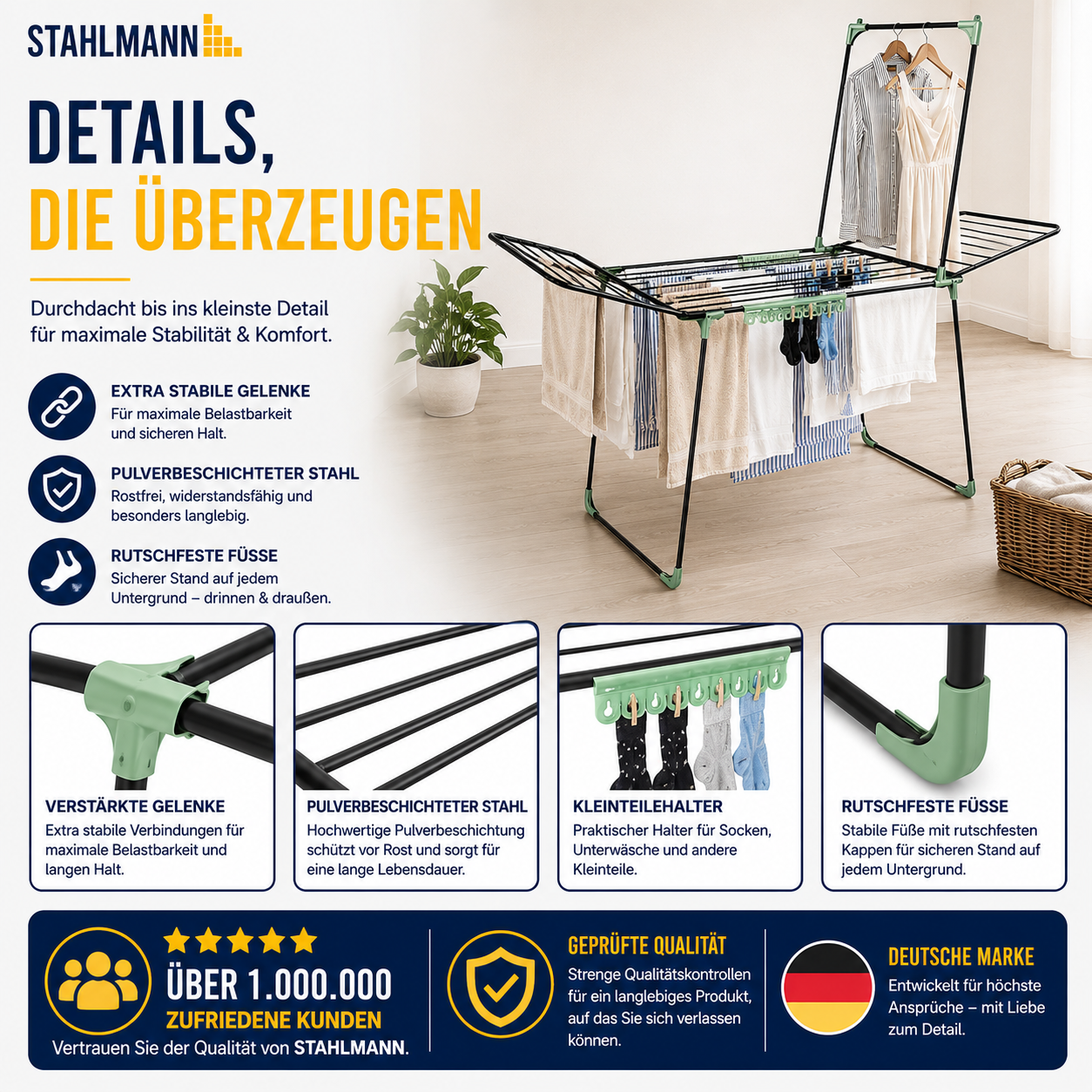 STAHLMANN® Wäscheständer ausziehbar mit Flügeln – 30 m Trockenfläche, klappbar, schwarz