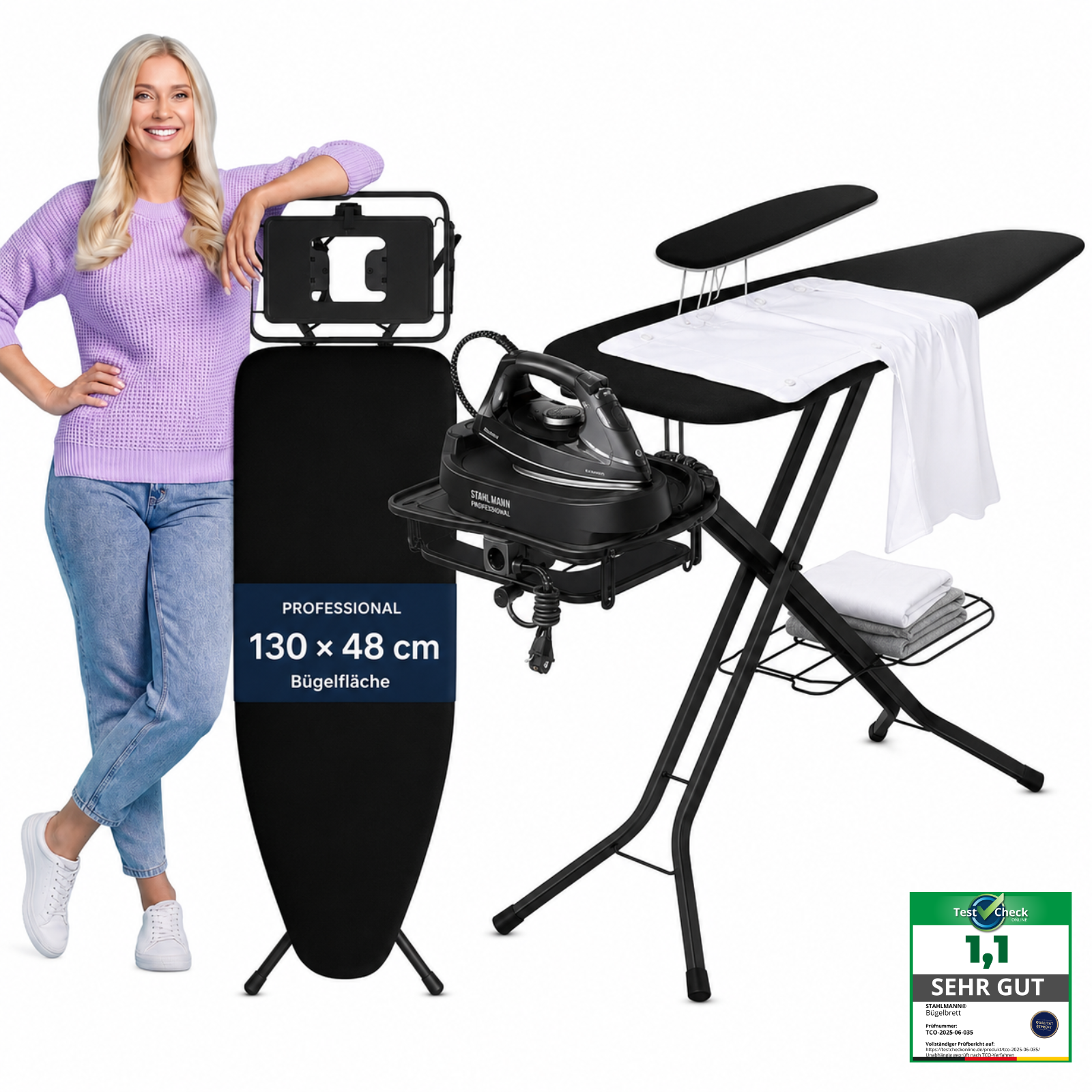 STAHLMANN® XXL Bügelbrett 130x48 cm – Für Dampfbügelstation – inkl. Ärmelbrett – 100 % Baumwollbezug – extra stabil – Made in EU