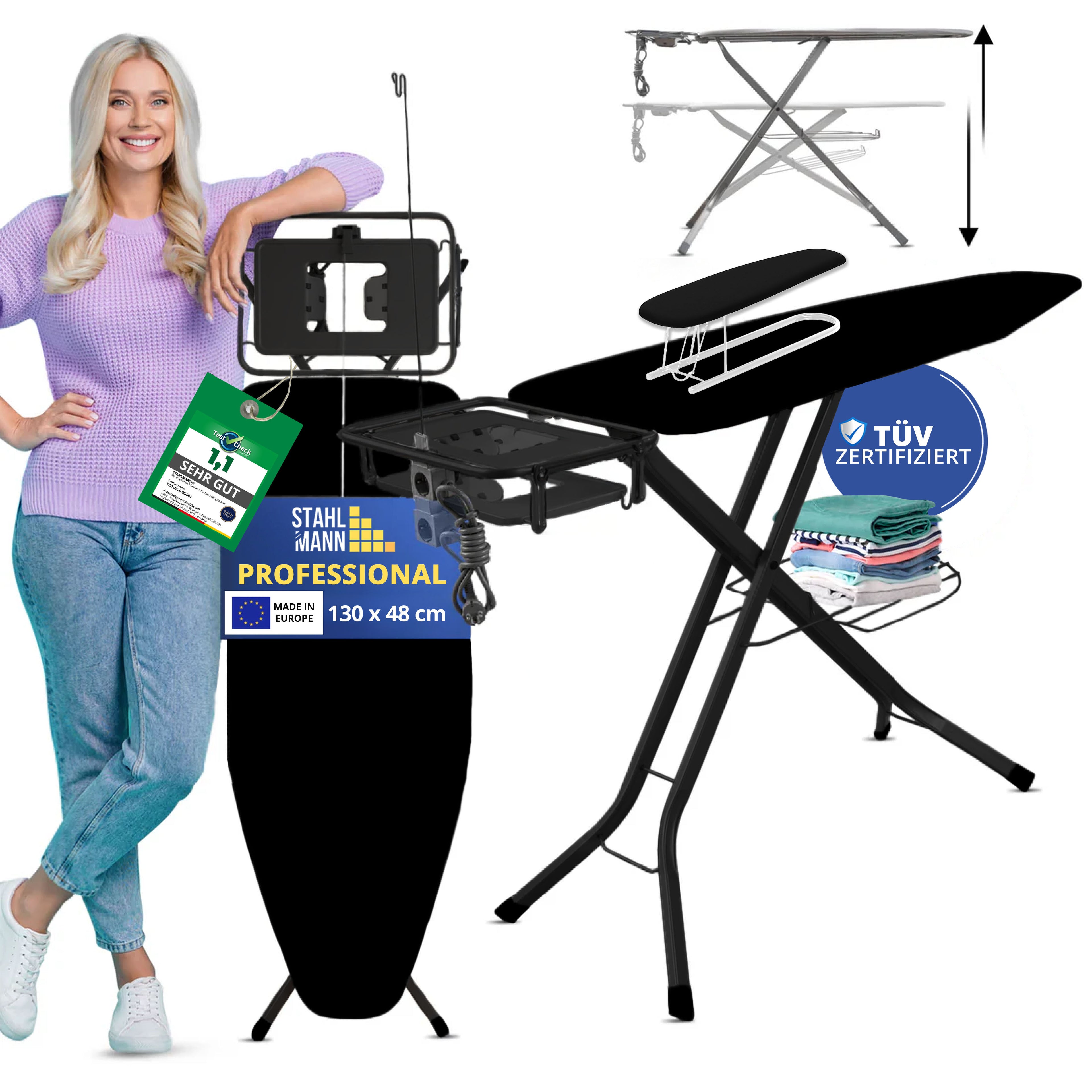 STAHLMANN® XXL Strijkplank 130x48 cm – Voor stoomstrijkstations – incl. mouwplank – 100% katoenen hoes – Extra stabiel – Gemaakt in de EU