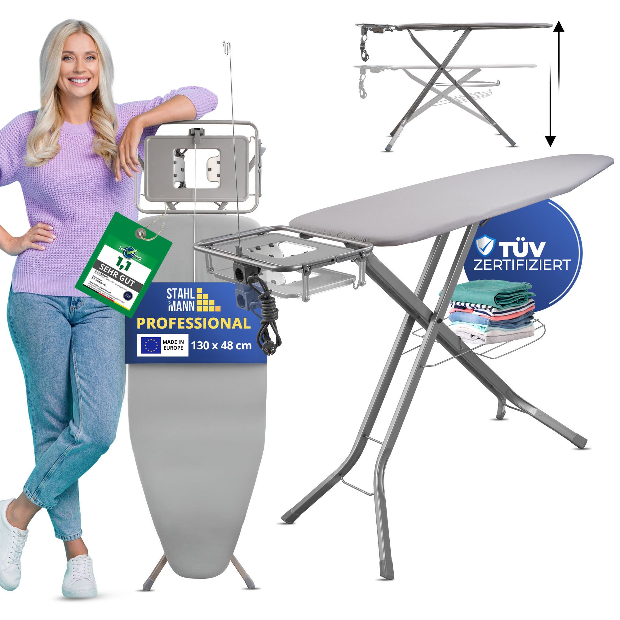 STAHLMANN® XXL Strijkplank 120x38 cm – Voor stoomstrijkstations – TÜV-gecertificeerd – Hoes van 100% katoen – Extra stabiel – Gemaakt in de EU
