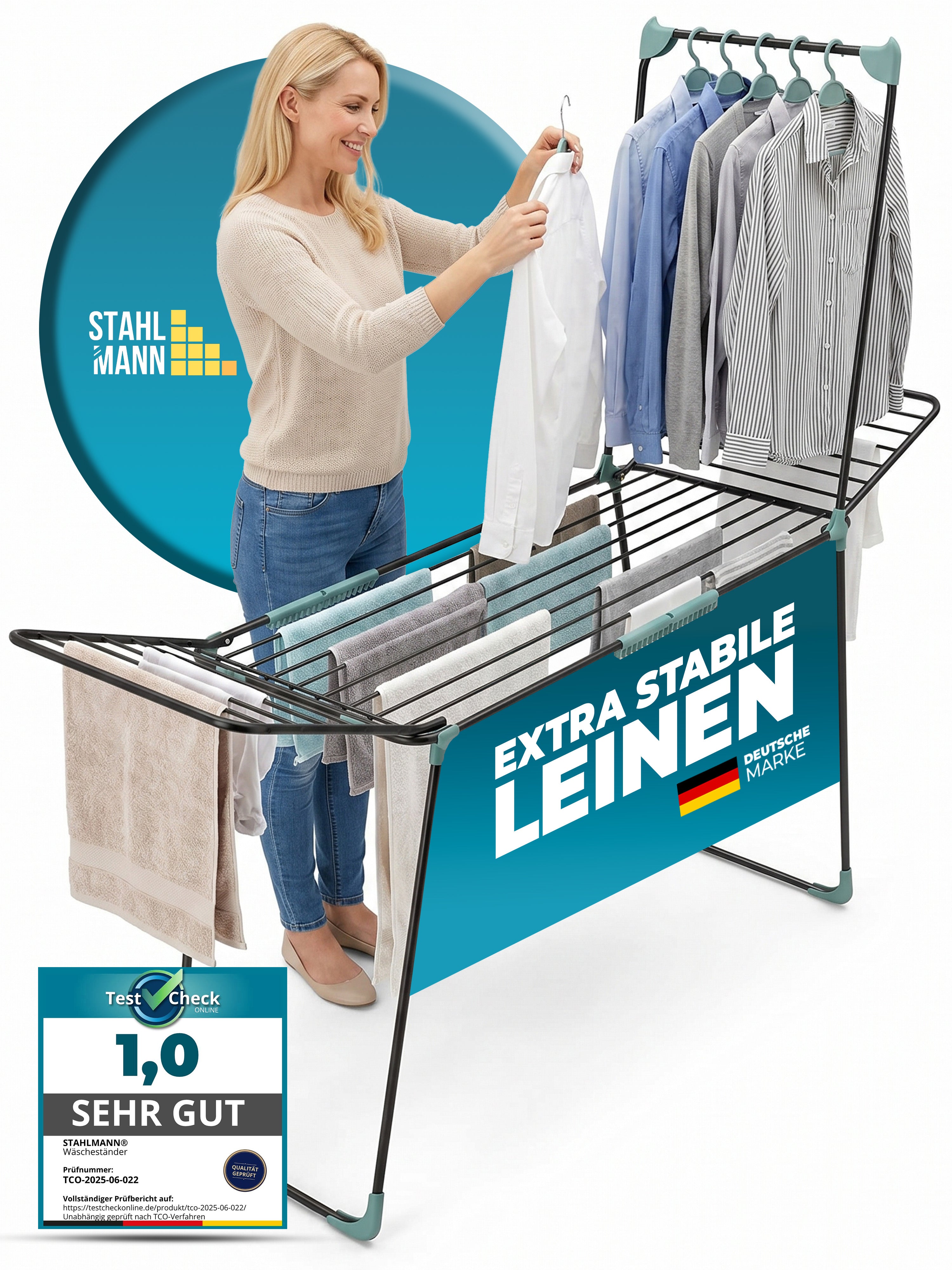 STAHLMANN® Wäscheständer ausziehbar mit Flügeln – 30 m Trockenfläche, klappbar, schwarz