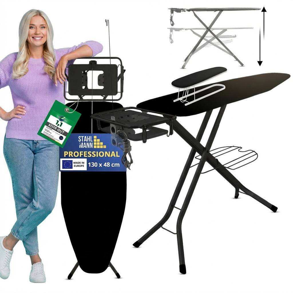 STAHLMANN® XXL Bügelbrett 130x48 cm – Für Dampfbügelstation – inkl. Ärmelbrett – 100 % Baumwollbezug – extra stabil – Made in EU