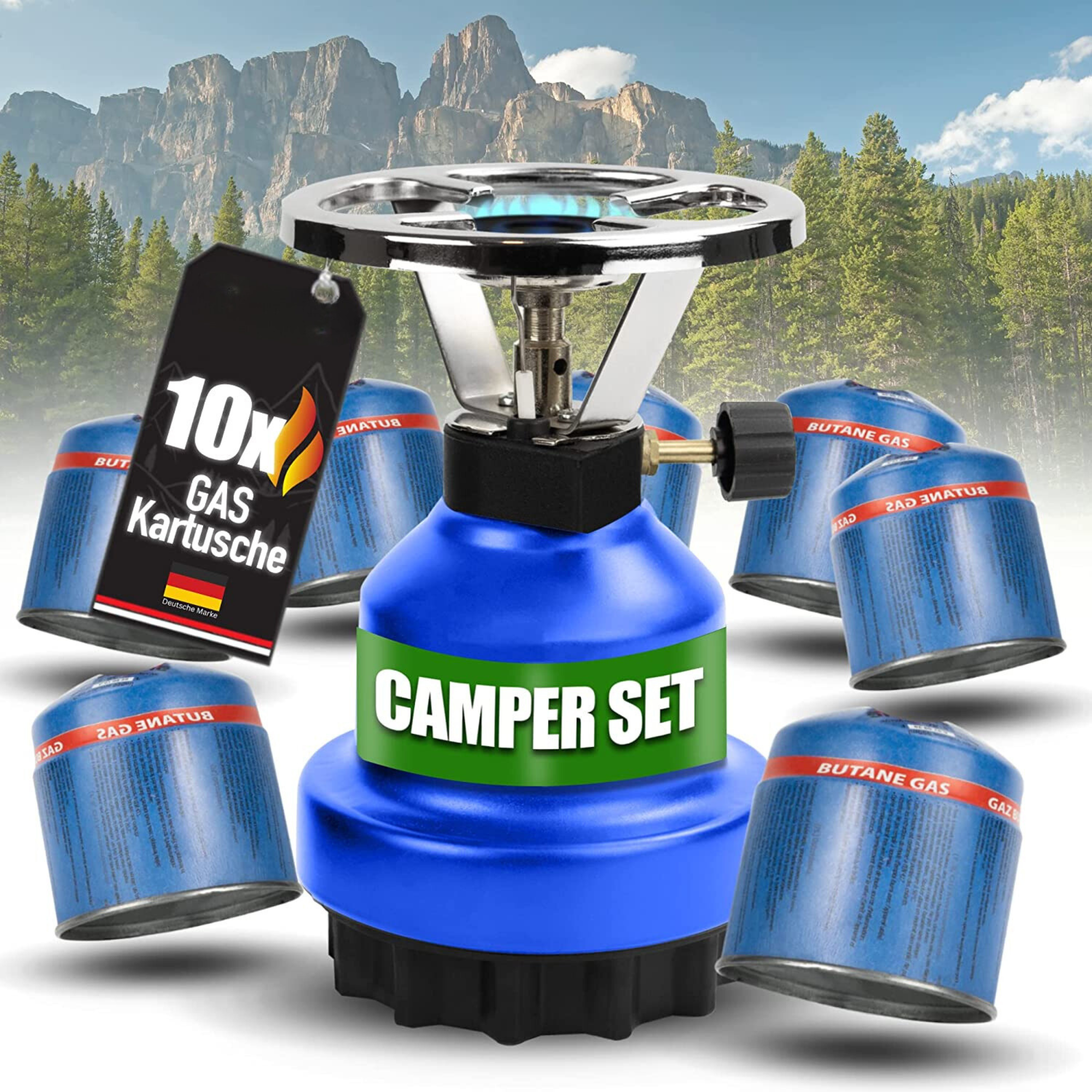 Campingfornuisset inclusief gaspatronen met 1 aansluiting 