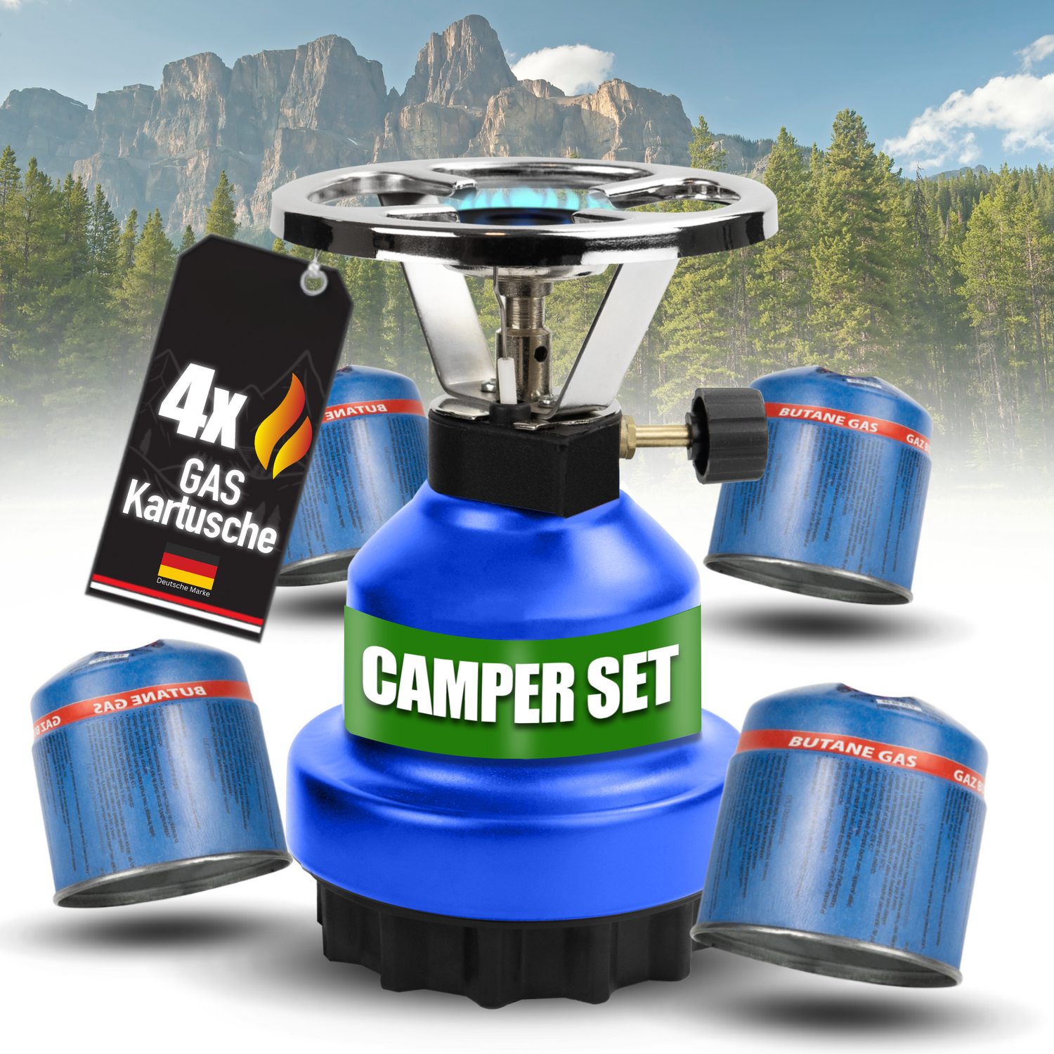 Campingfornuisset inclusief gaspatronen met 1 aansluiting 