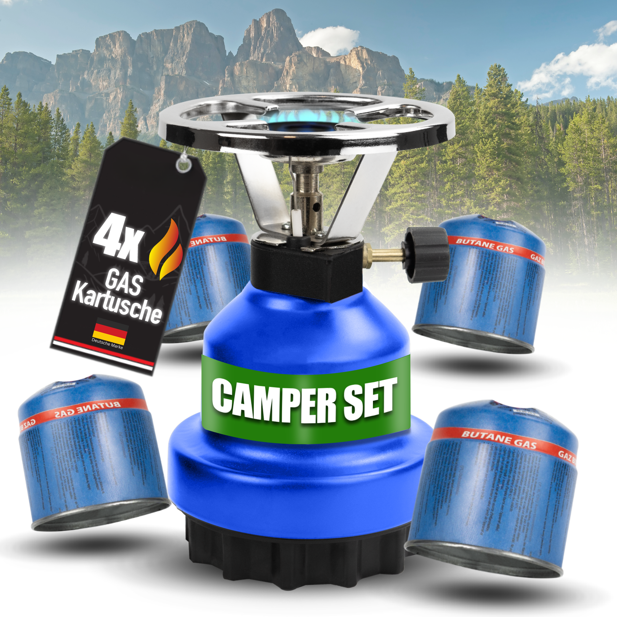 Campingfornuisset inclusief gaspatronen met 1 aansluiting 