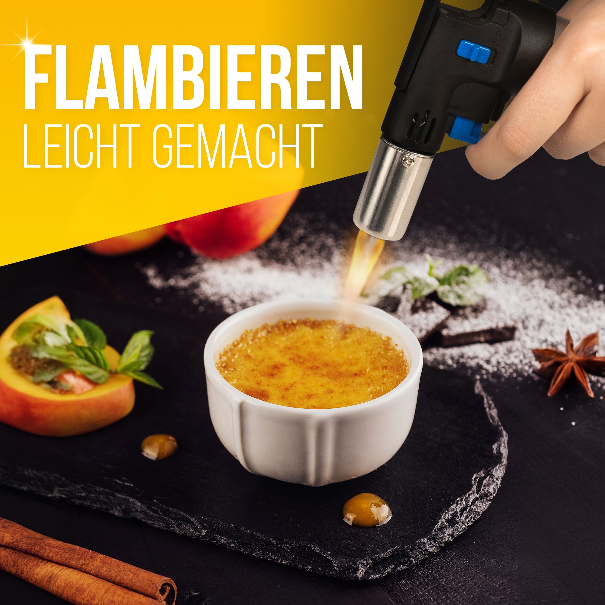 Hoogwaardige flambébrander inclusief aanmaakgas – Krachtig, veilig en handig voor nauwkeurig flamberen en karameliseren.
