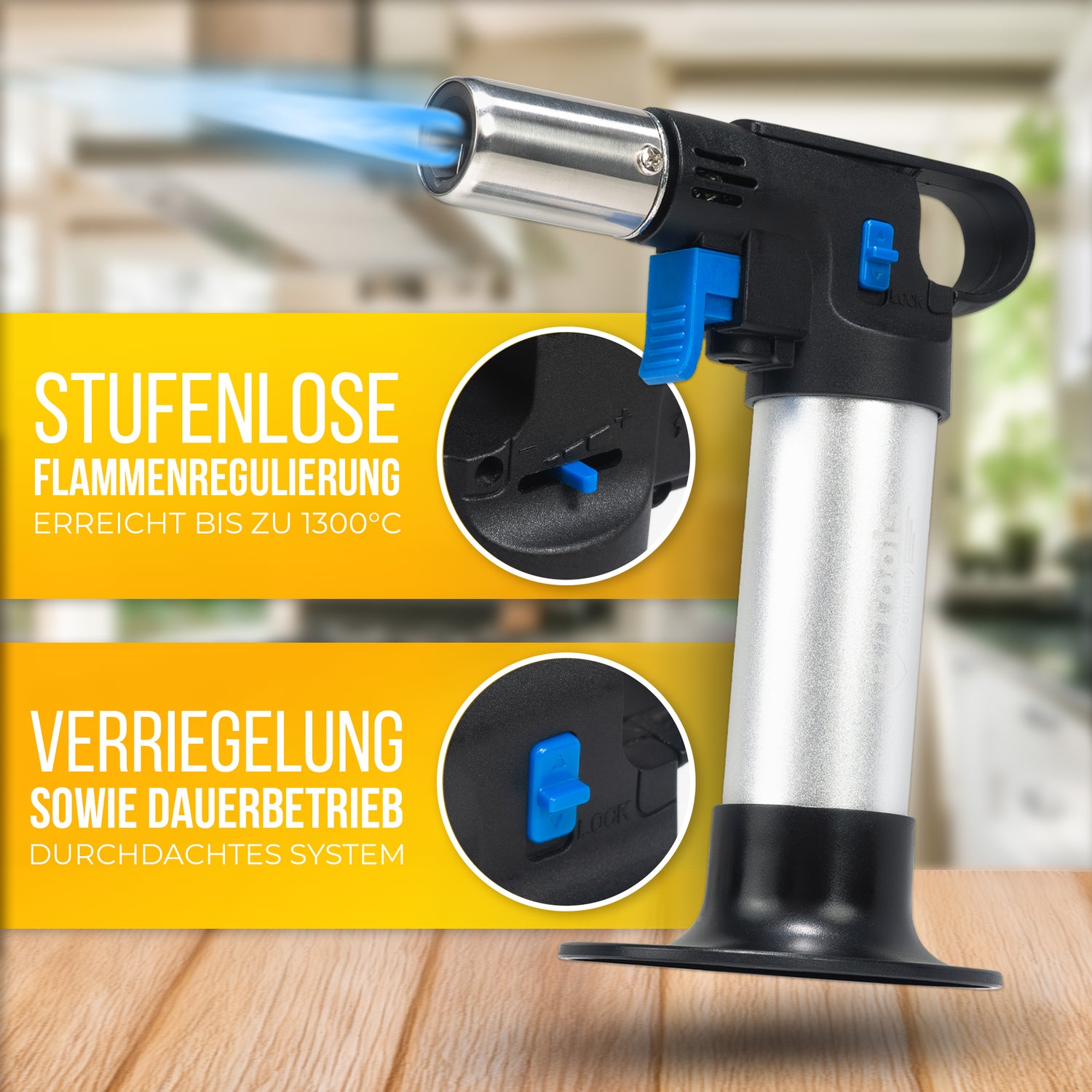 Hoogwaardige flambébrander inclusief aanmaakgas – Krachtig, veilig en handig voor nauwkeurig flamberen en karameliseren.