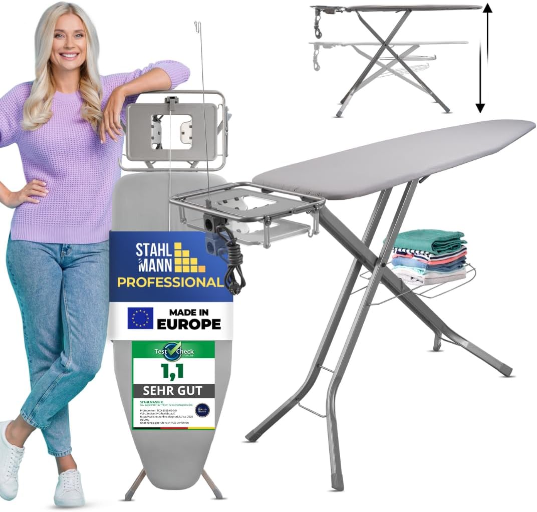 STAHLMANN® XXL Bügelbrett 130x42 cm – Für Dampfbügelstation  – 100 % Baumwollbezug – extra stabil – Made in EU