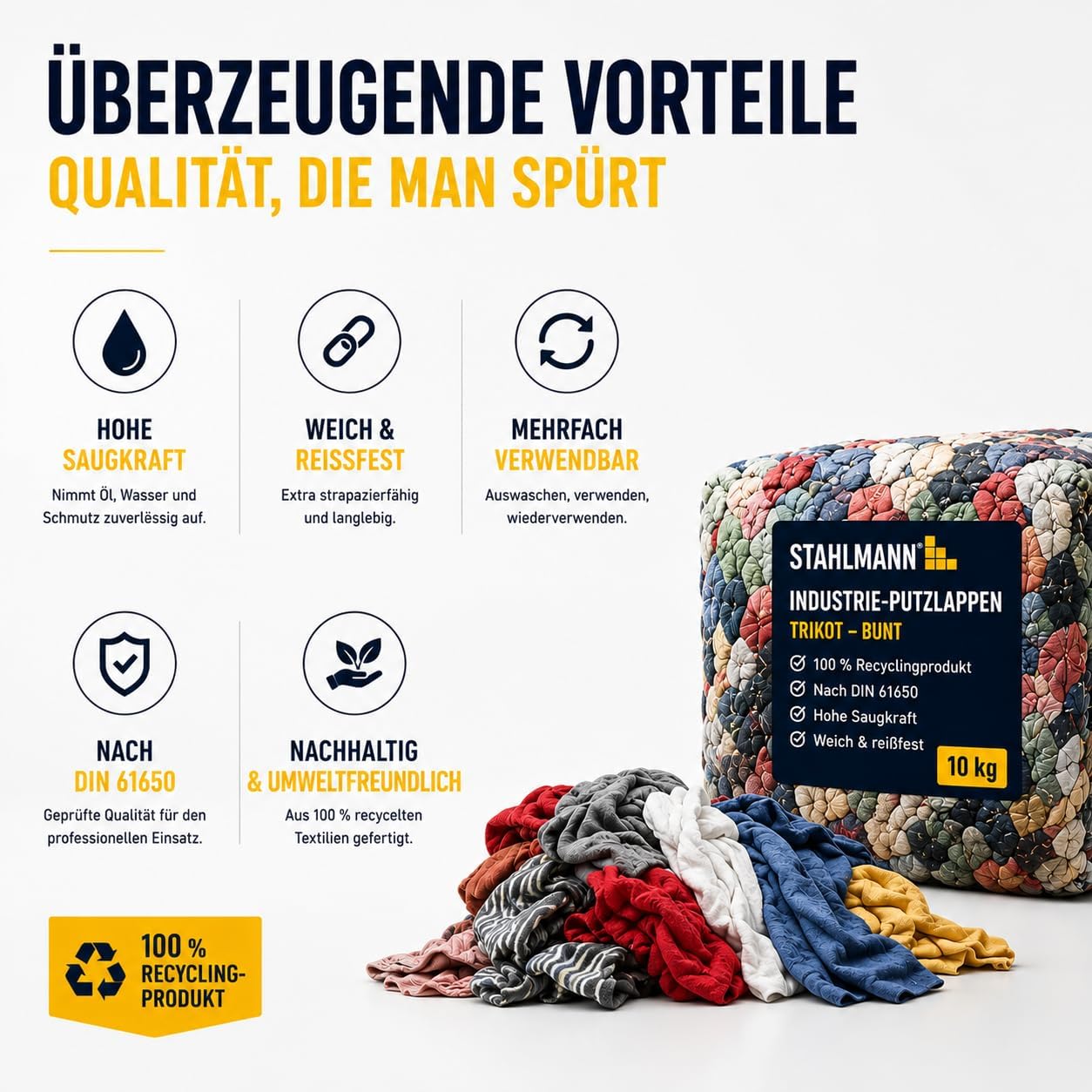 STAHLMANN Putzlappen 10 kg – Baumwolle Trikot | Werkstatt, KFZ, Maler | naht- & knopffrei