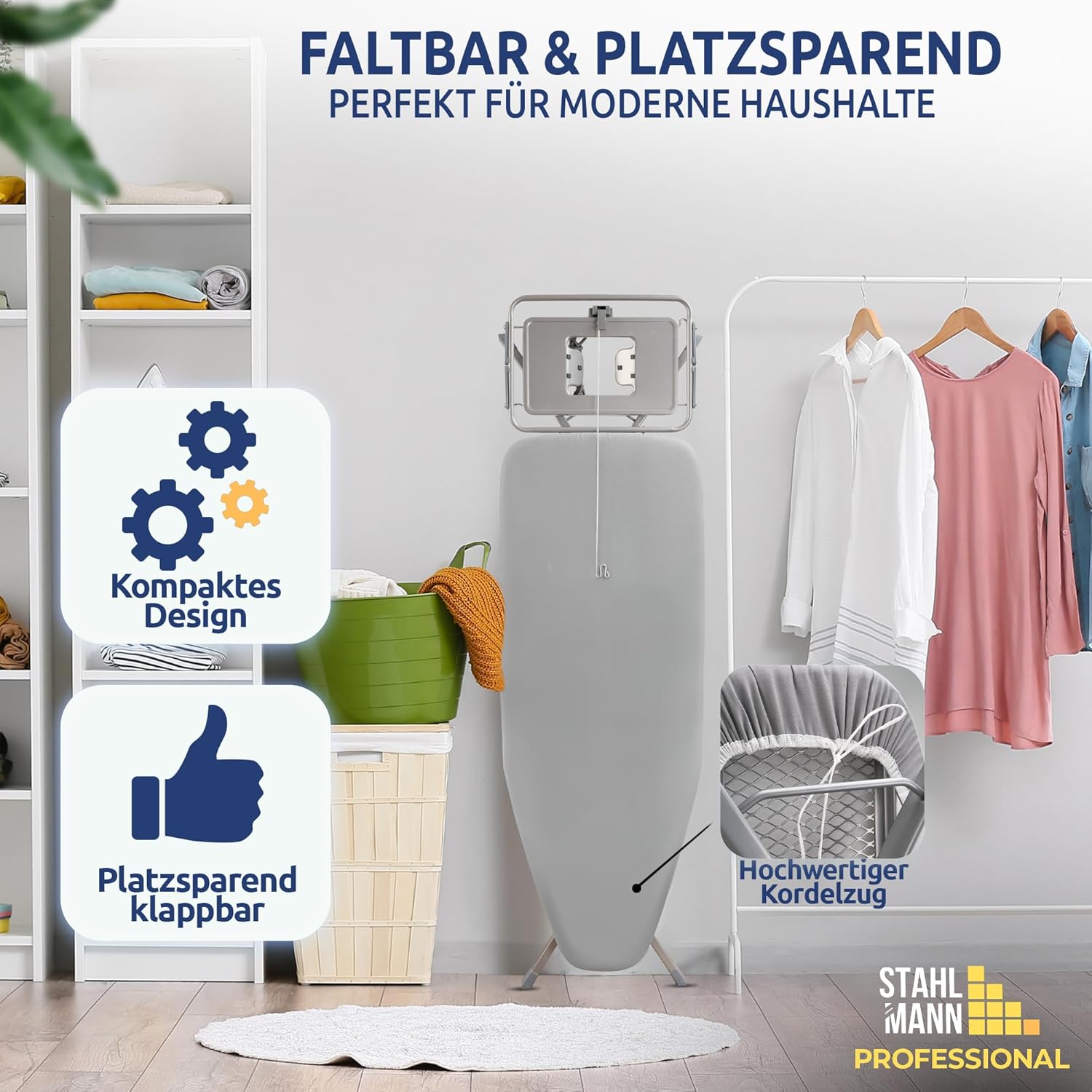 STAHLMANN® XXL Bügelbrett 130x42 cm – Für Dampfbügelstation  – 100 % Baumwollbezug – extra stabil – Made in EU