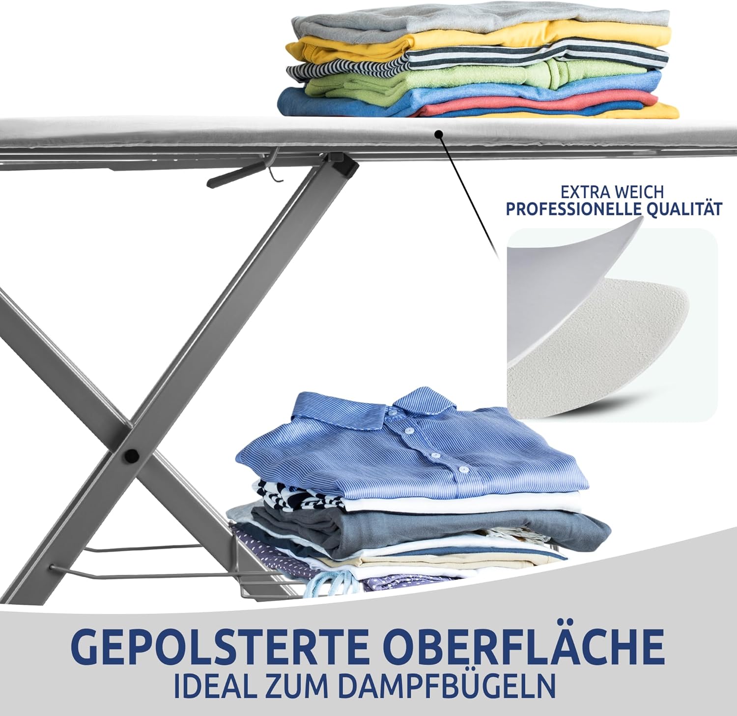 STAHLMANN® XXL Bügelbrett 130x42 cm – Für Dampfbügelstation  – 100 % Baumwollbezug – extra stabil – Made in EU