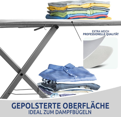 STAHLMANN® XXL Bügelbrett 130x42 cm – Für Dampfbügelstation  – 100 % Baumwollbezug – extra stabil – Made in EU