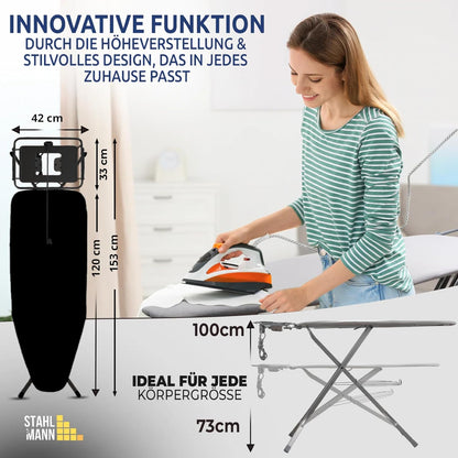 STAHLMANN® XL Bügelbrett 120x42 cm – Höhenverstellbar &amp; stabil – Baumwollbezug – Für Dampfbügelstation – Made in EU