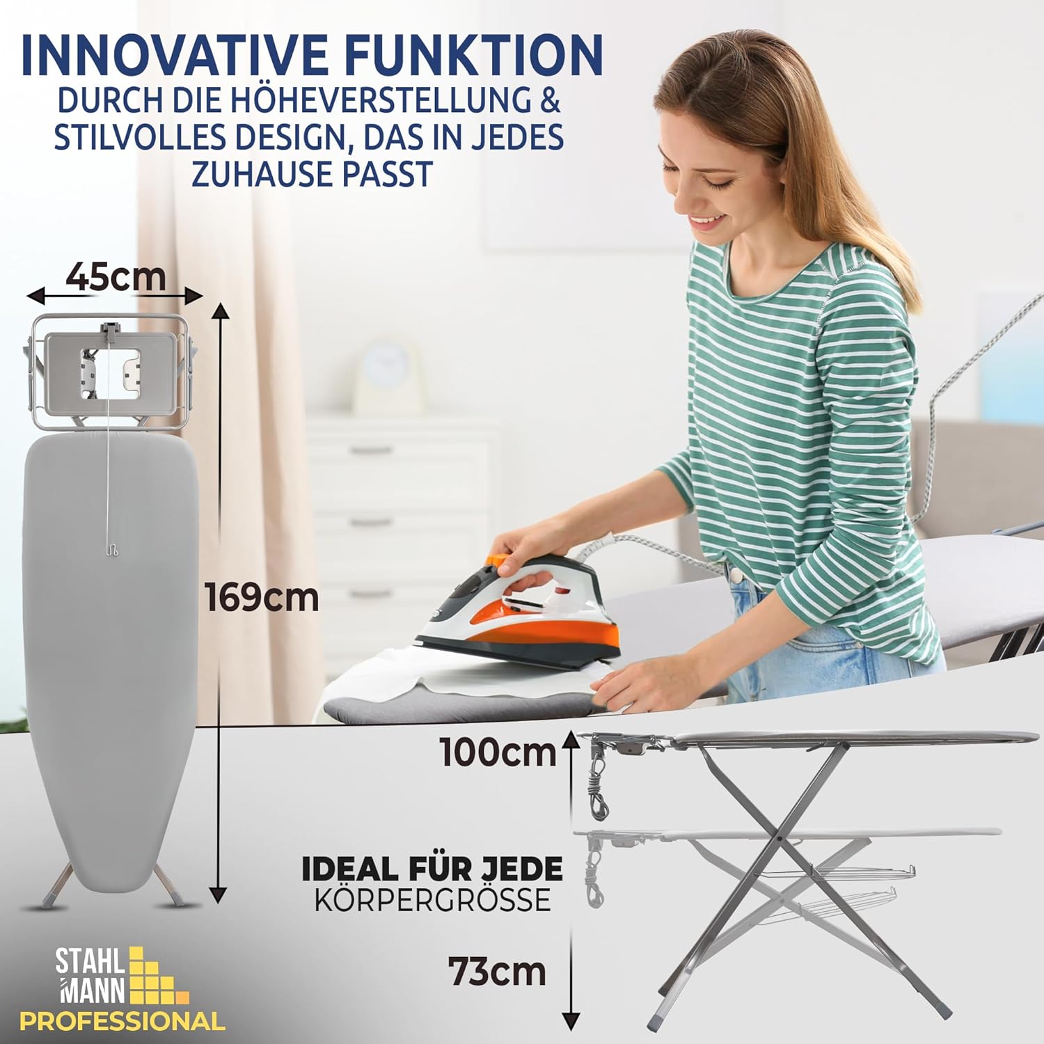 STAHLMANN® XXL Bügelbrett 130x42 cm – Für Dampfbügelstation  – 100 % Baumwollbezug – extra stabil – Made in EU