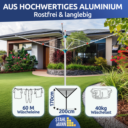 Wäschespinne 60m Made in Germany – 40kg Traglast, wetterfest &amp; ergonomisch