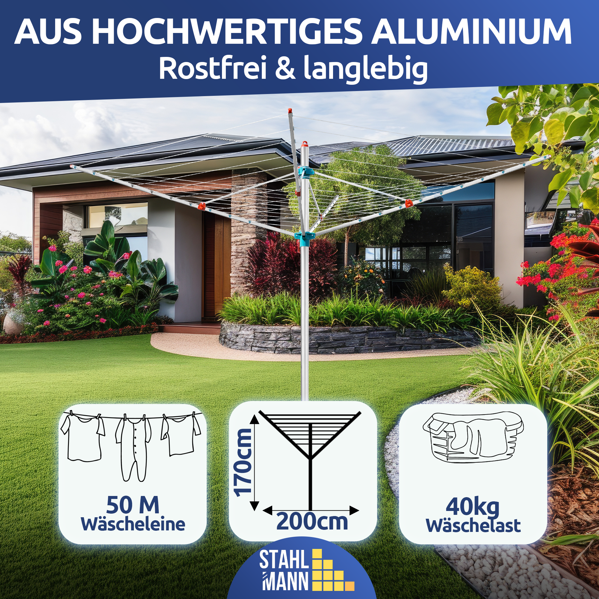 Wäschespinne 50m Made in Germany – 40kg Traglast, wetterfest &amp; ergonomisch