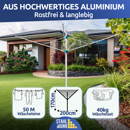 Wäschespinne 50m Made in Germany – 40kg Traglast, wetterfest &amp; ergonomisch