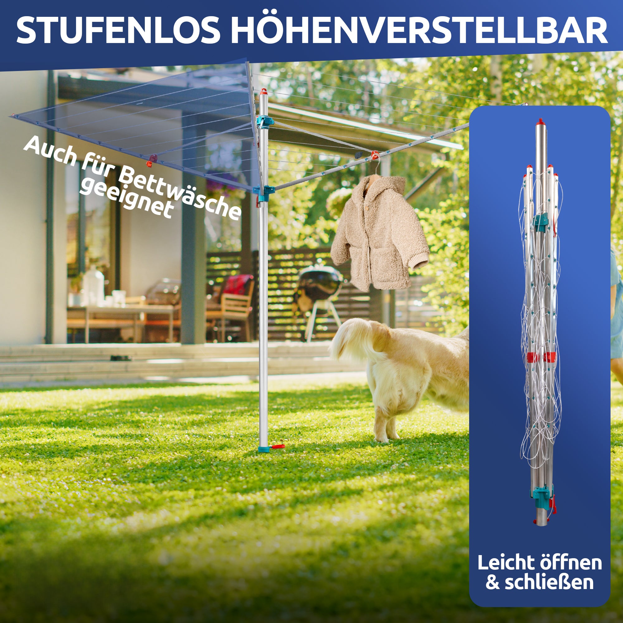 Wäschespinne 60m Made in Germany – 40kg Traglast, wetterfest &amp; ergonomisch