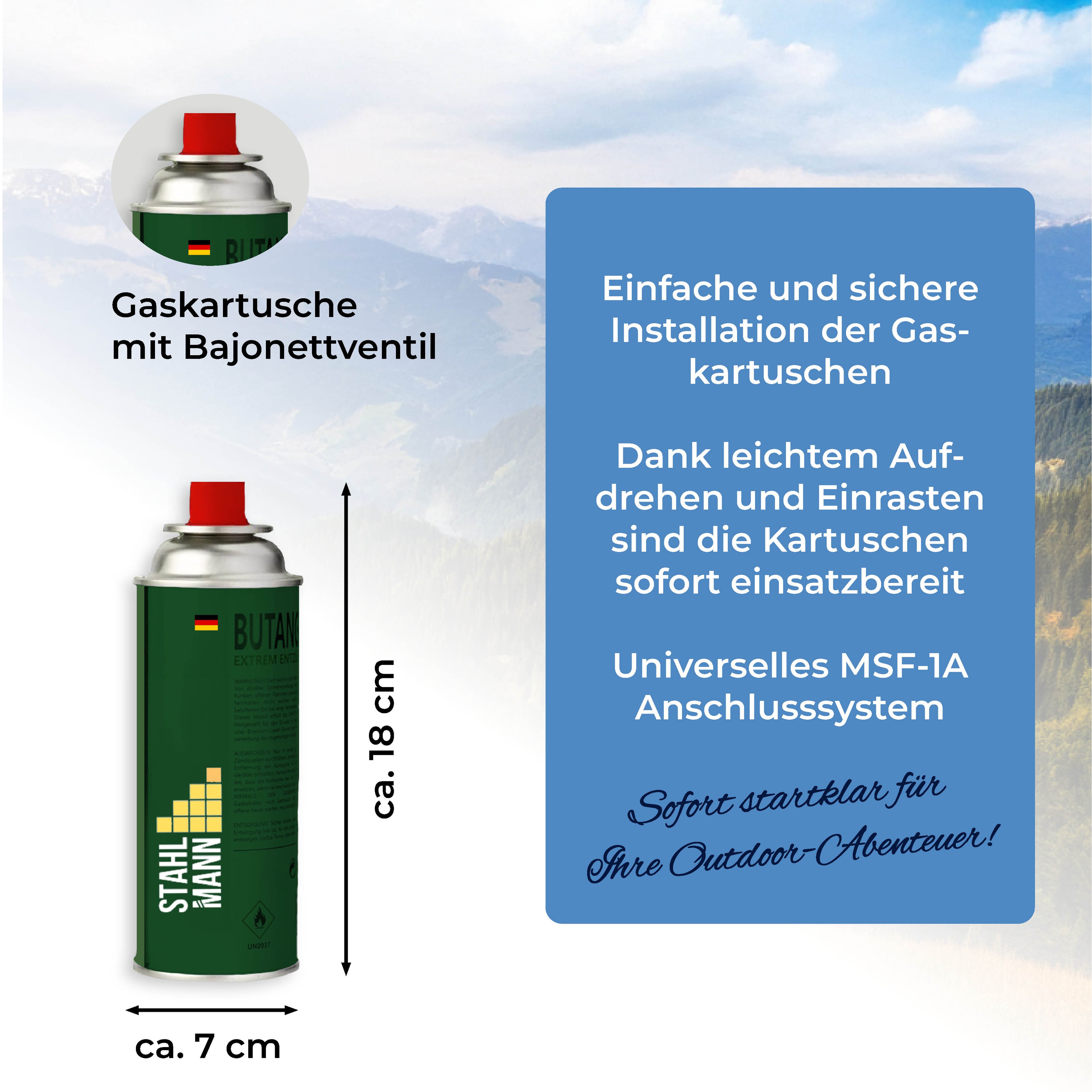 STAHLMANN® butaangaspatronen 227 g – Gevuld in de EU – voor kamperen, keuken en buitengebruik – 100% lekvrij en krachtig – met veiligheidsventiel