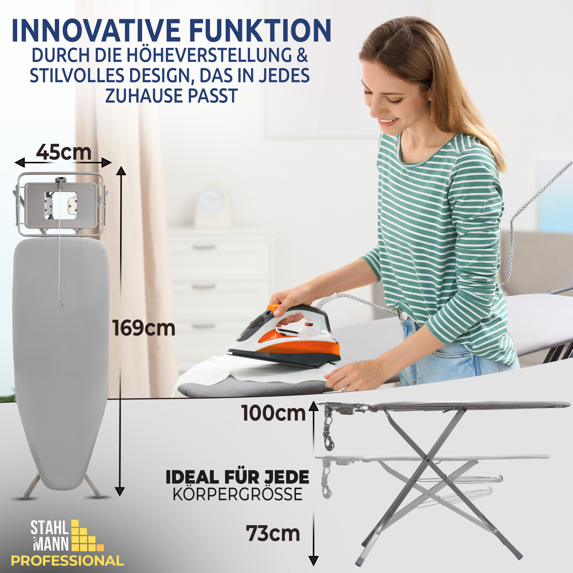 STAHLMANN® XXL Strijkplank 120x38 cm – Voor stoomstrijkstations – TÜV-gecertificeerd – Hoes van 100% katoen – Extra stabiel – Gemaakt in de EU