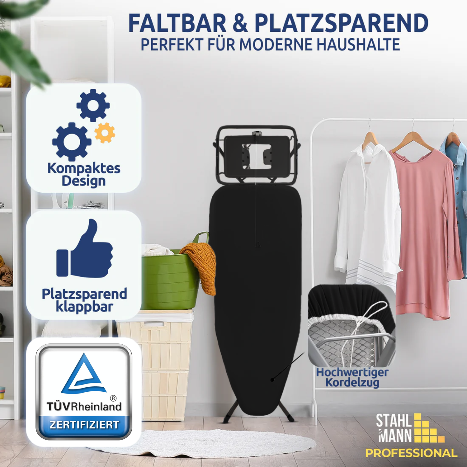 STAHLMANN® XXL Strijkplank 130x48 cm – Voor stoomstrijkstations – incl. mouwplank – 100% katoenen hoes – Extra stabiel – Gemaakt in de EU 