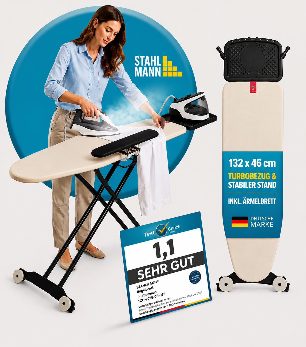 Stahlmann Bügelbrett 132 × 46 cm – mit Ärmelbrett | Made in EU | für Dampfbügelstation