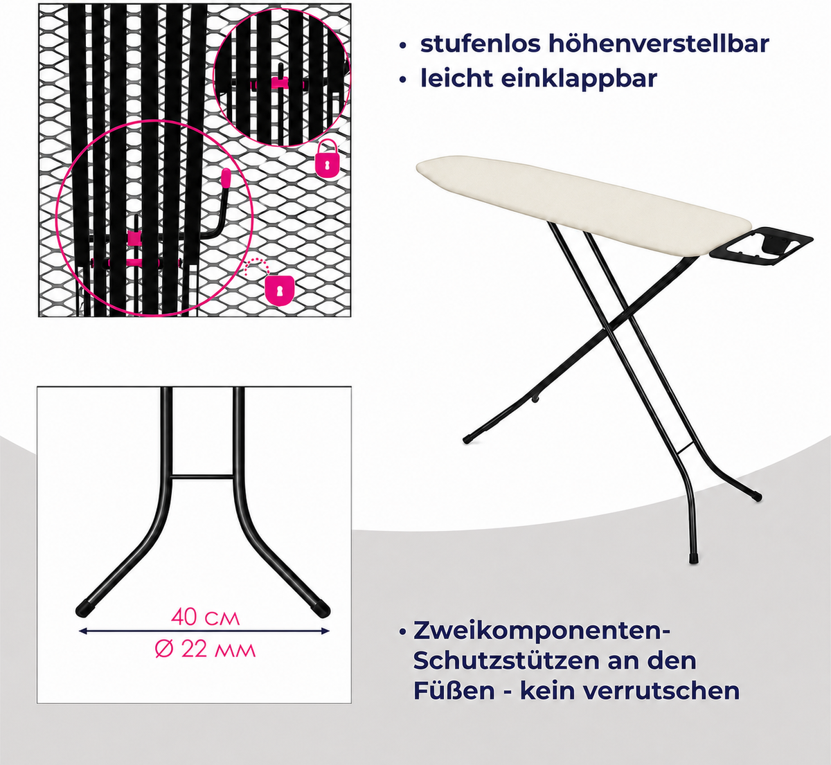 STAHLMANN® Bügelbrett 120 × 35 cm – höhenverstellbar & klappbar