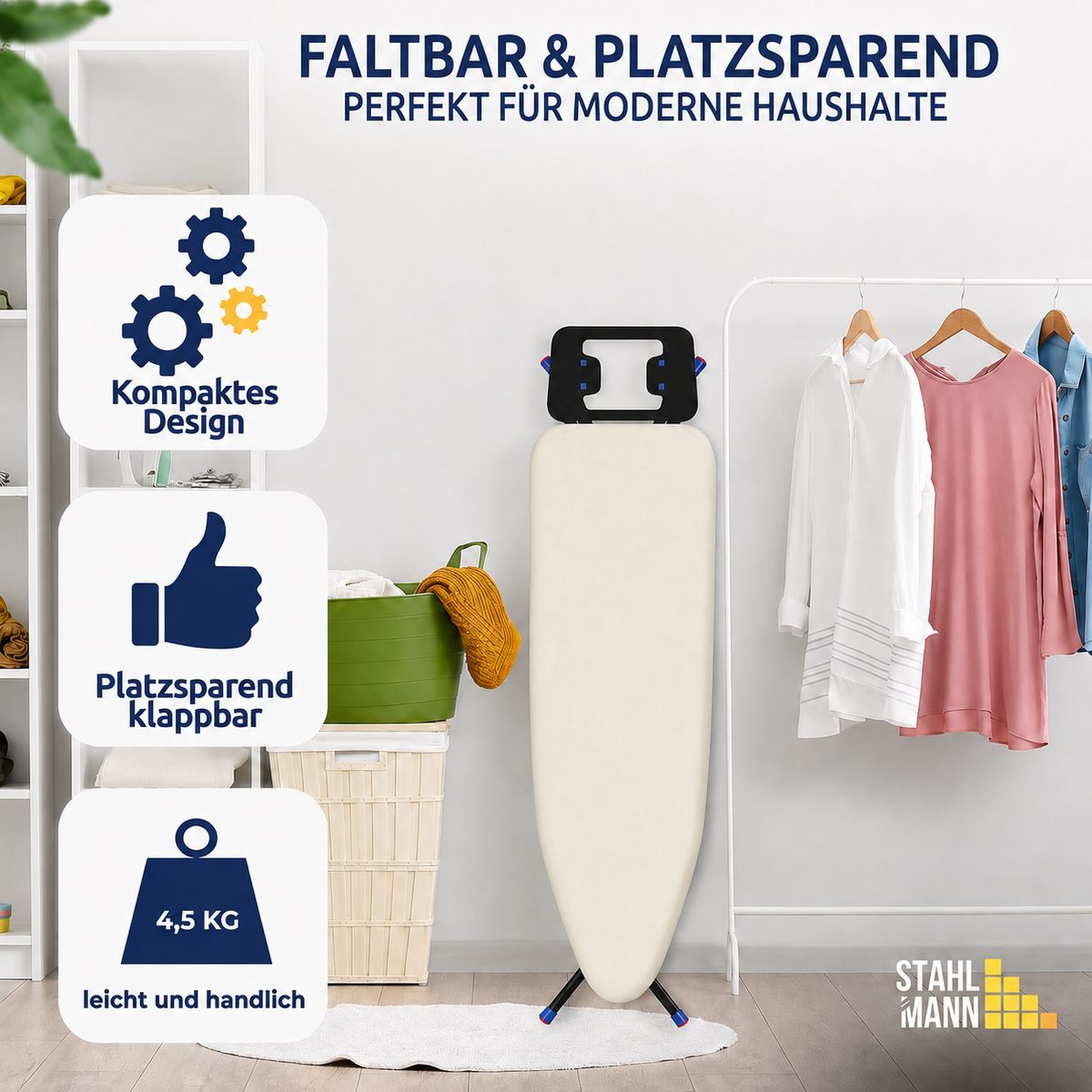 STAHLMANN® Bügelbrett 120 × 35 cm – höhenverstellbar & klappbar