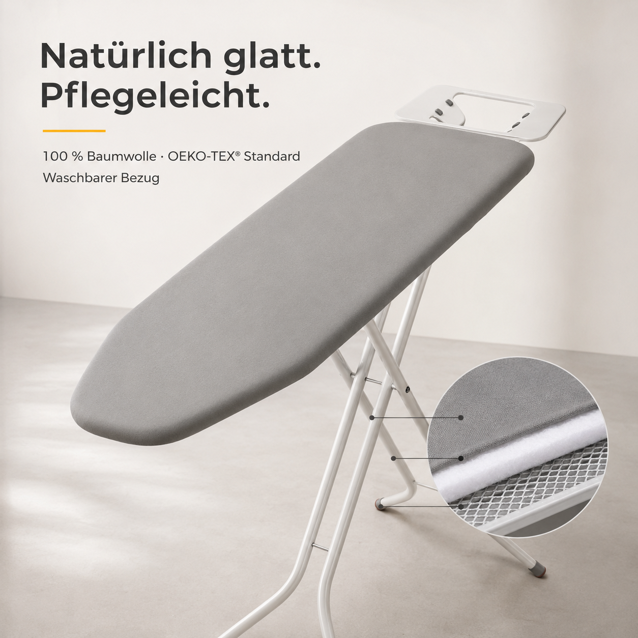 STAHLMANN® Light Bügelbrett 114 × 34 cm – höhenverstellbar & klappbar | mit Ablage für klassische Bügeleisen und rutschfesten Standfüßen
