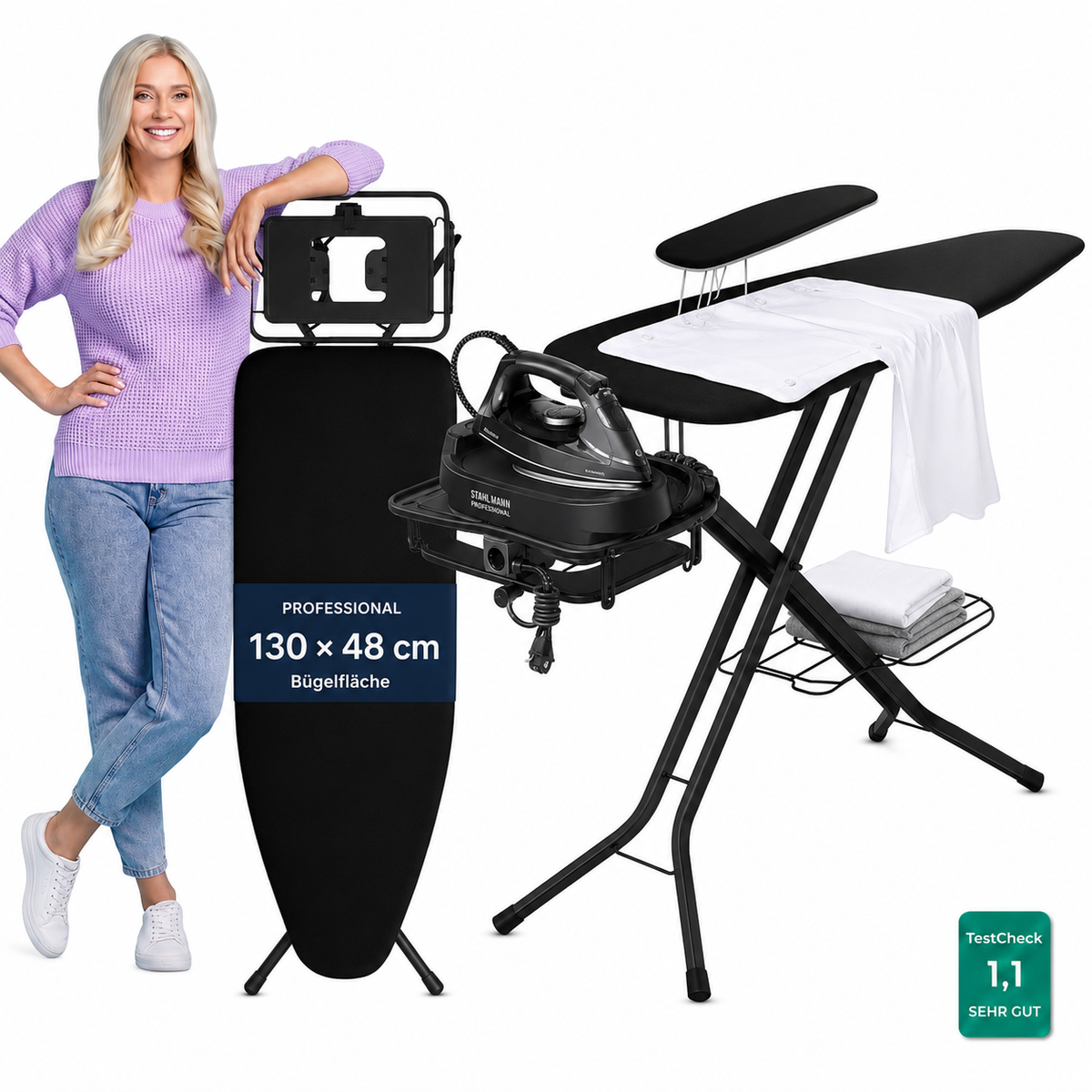 STAHLMANN® XXL Bügelbrett 130x48 cm – Für Dampfbügelstation – inkl. Ärmelbrett – 100 % Baumwollbezug – extra stabil – Made in EU